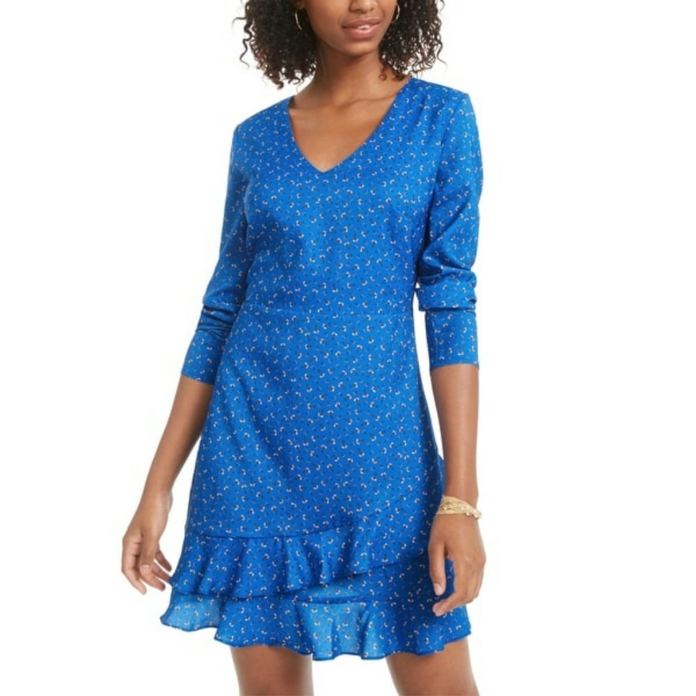Material Girl Womens Juniors Wear to Work Dress Printed Ruffled - Blue Ditsy
